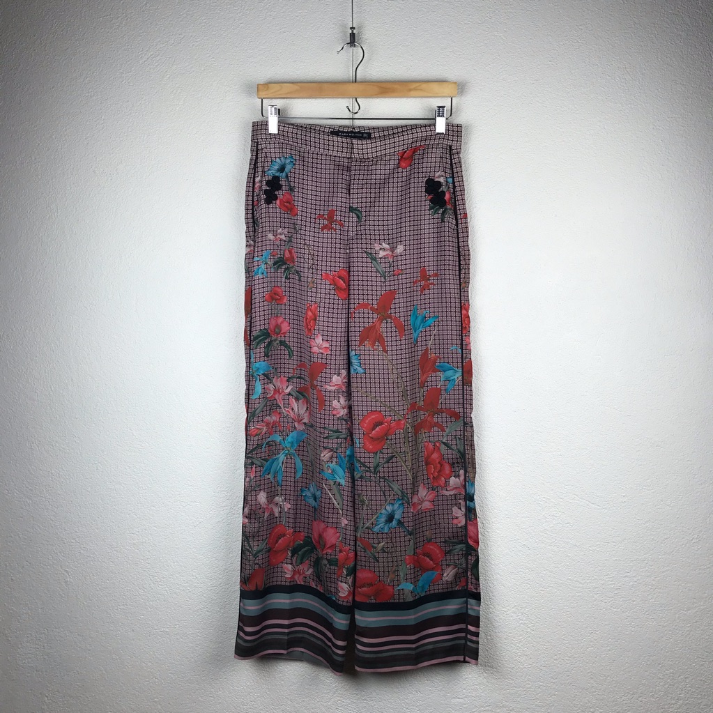 Zara Woman L M Oriental Floral Striped Bohemian High Waist Palazzo Trouser Pants